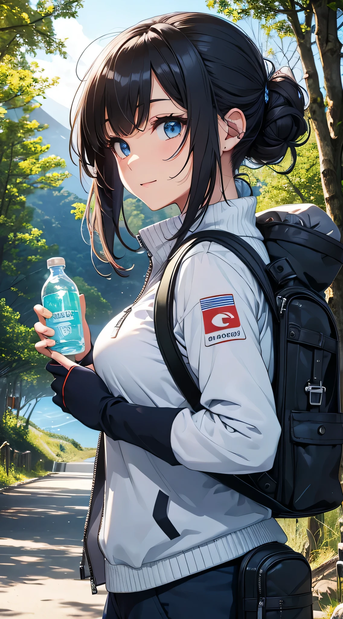 top-quality、Top image quality、masterpiece、s girl((18year old、 Ager、Best Bust、Medium bust,wide open breast tea、light blue eyerest, bionde、poneyTail、A slender,large volleyball rack jacket、black glove、white tank tops、blue military pants、rush light、行走、Happy face、camping rucksack、Holding a plastic bottle、facing front)),hiquality、Beautiful Art、Background with((jpn、Mt fuji、mountain road、the woods、))masutepiece、depth of fields、movie、visualart、Perfect Art