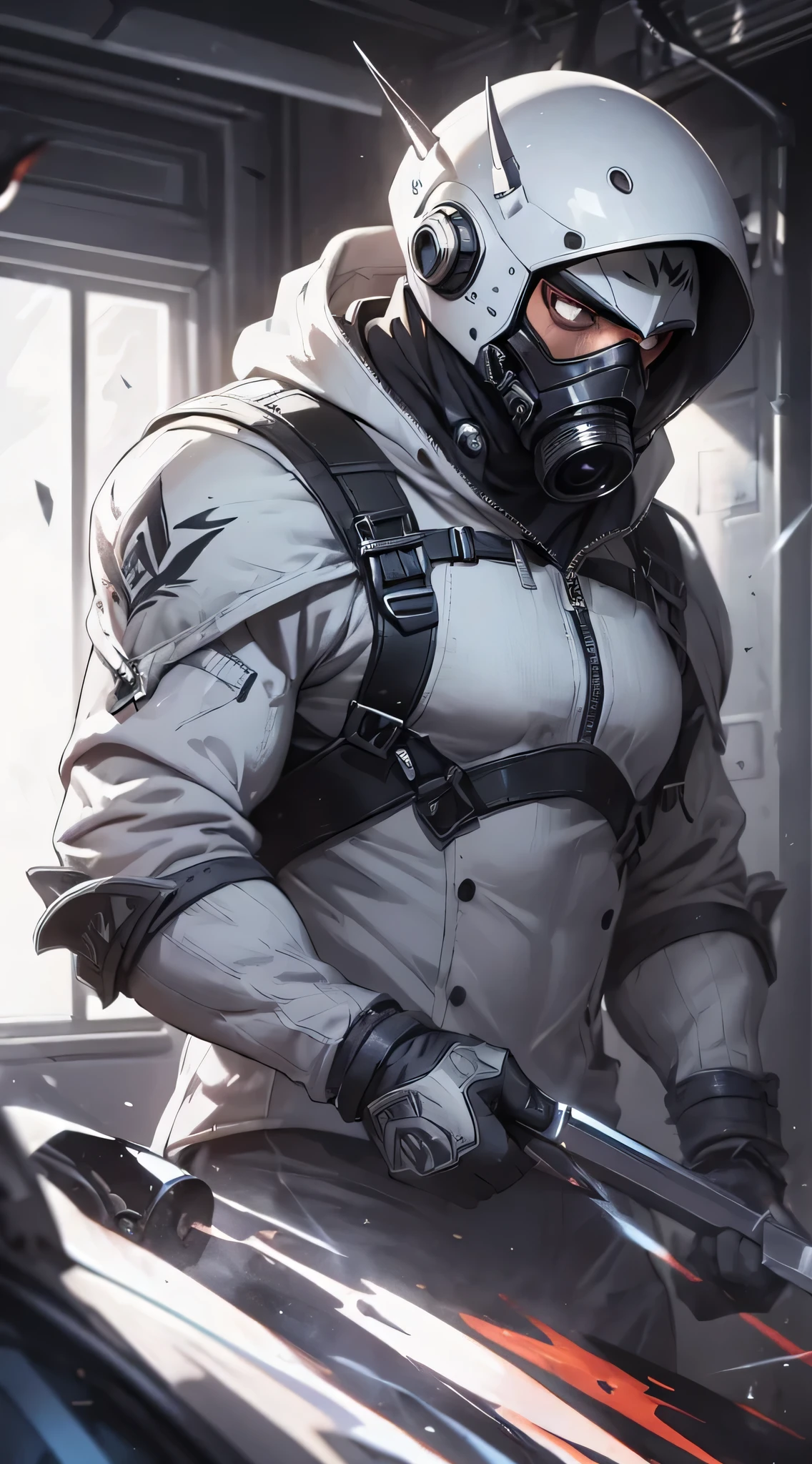 top-quality、Top image quality、masterpiece、One character((gray battle armor、white full face mask,White spacesuit、gas masks、Holding a knife in your right hand、hold a crowbar in your left hand、well-muscled、best macho、bulletproof vest、blood in fighting pose)),hiquality、Beautiful Art、Background with((Inside the spacecraft、dark ilumination、Dark smoke、broken cable))、masutepiece、Elaborate design、visualart、Perfect Art、Horror movie style、