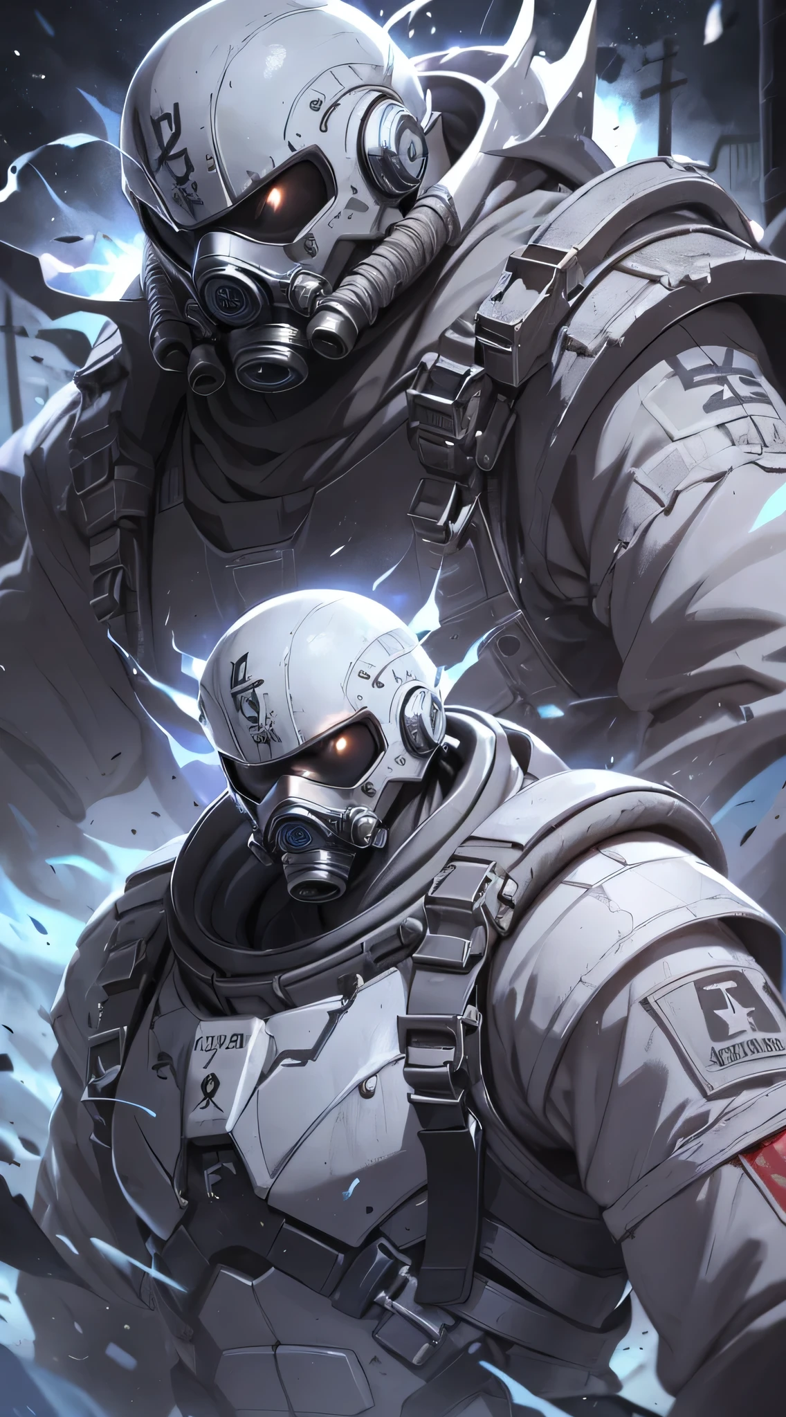 top-quality、Top image quality、masterpiece、One character((gray battle armor、white full face mask,White spacesuit、gas masks、Holding a knife in your right hand、hold a crowbar in your left hand、well-muscled、best macho、bulletproof vest、blood in fighting pose)),hiquality、Beautiful Art、Background with((Inside the spacecraft、dark ilumination、Dark smoke、broken cable))、masutepiece、Elaborate design、visualart、Perfect Art、Horror movie style、