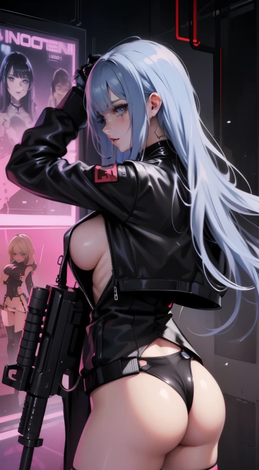 NSFW poster,dramatic scene,Cinematic scene,Takashi Murakami,Pop Culture Art,Manga,Female Nsfw Cyborg,Long jacket,SM Queen,Mechanical designed arma,Erotic,sadistic queen,sniper,Erotic Posing,fantrome,,kawaii,Stylish,,busty, Pubic hair,Glamour,pop of color,Psychedelic Costume,Dynamic Angle,Cinematic scene,Armored,Cyberpunk dystopian girl,Fantastic dystopia,Dystopian landscape,bladerunner,Ghost in the Shell,Photorealistic,Psychedelic and colorful tones,Posing,armaを構えて,guns,arma,masutepiece,ultimate detailed,8K,Detailed background