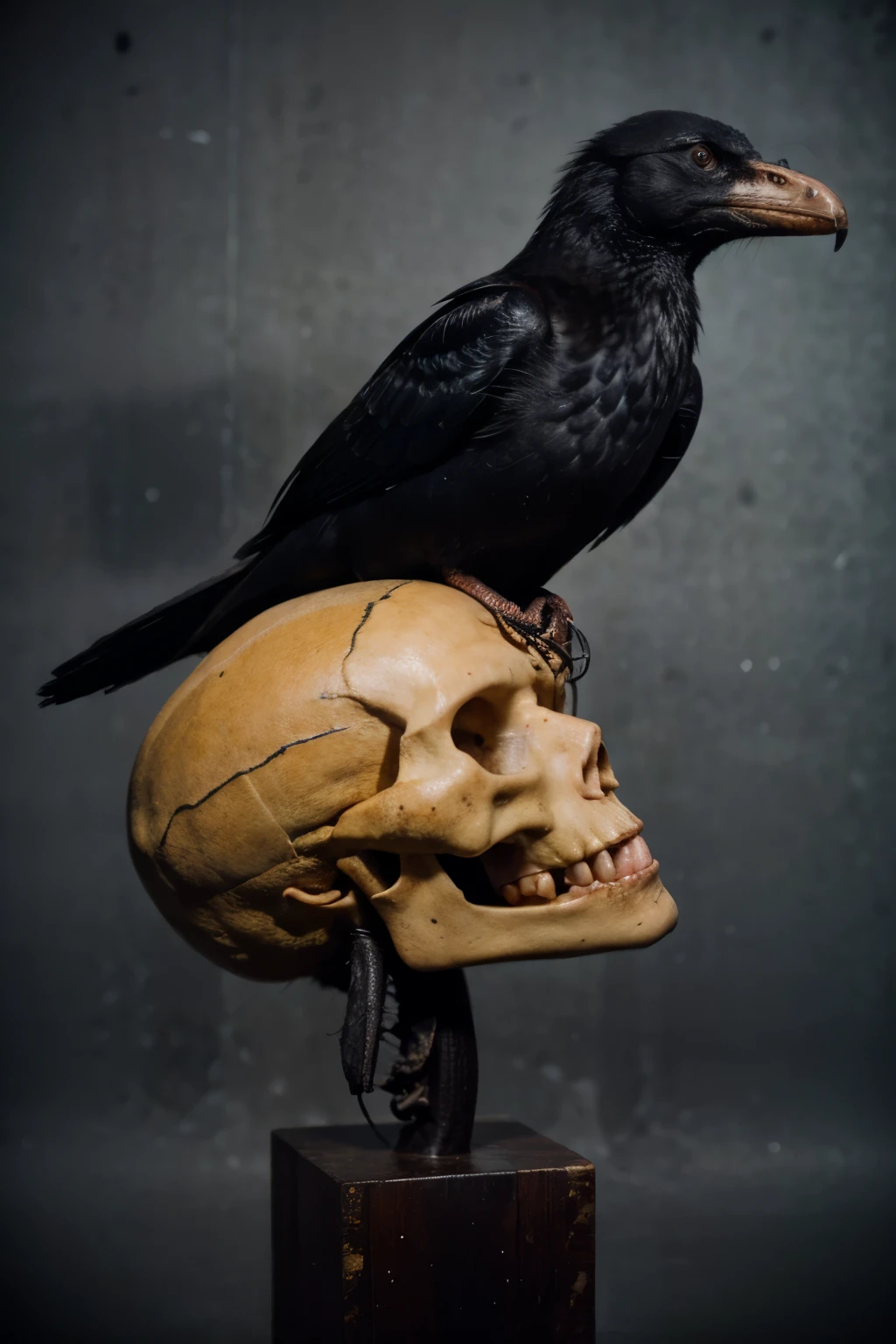 Crocodile skull with crow above