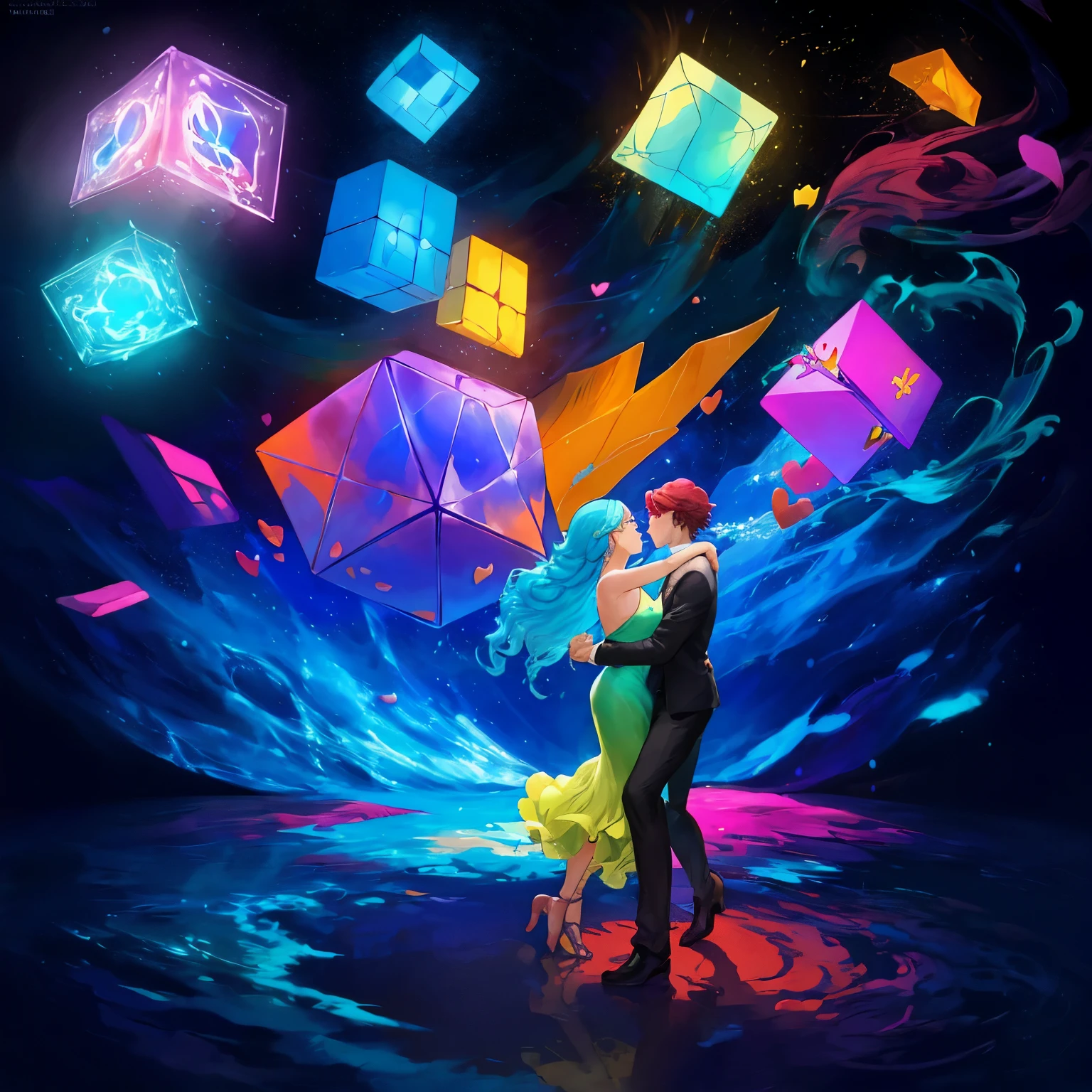 bright illustration of two people, dance in front of the floating cube, romance, Love, Concept art of love, Colorful concept art, Cyril Rolando and Goro Fujita, in the style of Cyril Rolando, colorfull illustration, emotional concept art, Cyril Rolando & m.In Kaluta, Cyril Rolando & m. In Kaluta, colorful digital art
