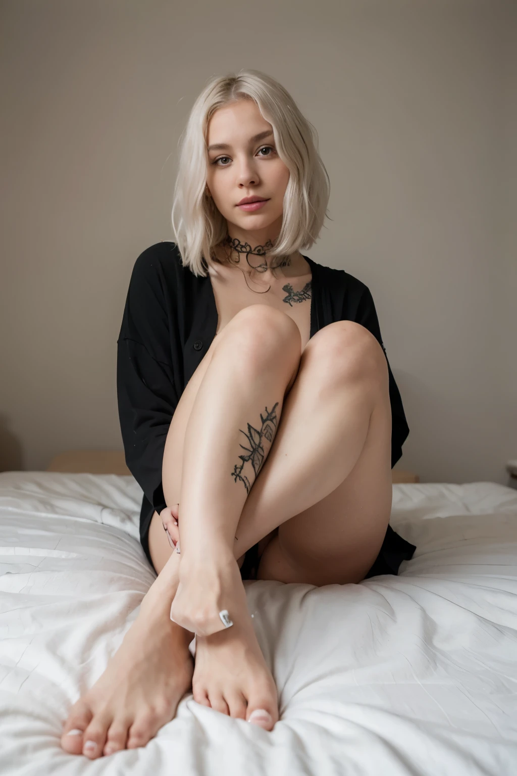 White dyed hair Woman leg with tattoos with beautiful feet