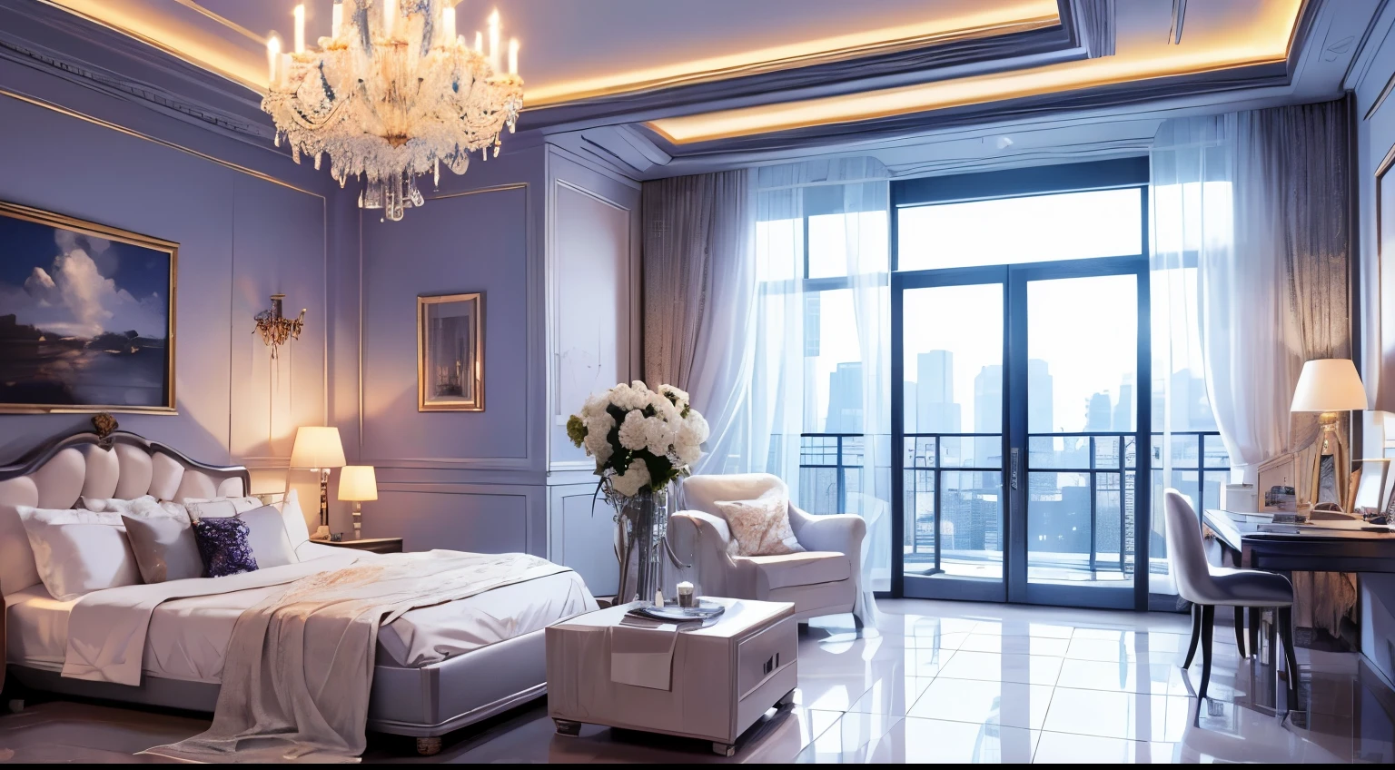 (best quality,4k,8k,highres,masterpiece:1.2),ultra-detailed,realistic,photorealistic:1.37,hotel room with view of city,night with star,magical feeling,sky with fireworks,night color,cityscape,majestic skyline,glowing skyline,twinkling stars,sparkling lights,romantic atmosphere,panoramic view,state-of-the-art room,elegant interior design,luxurious furnishings,comfortable king-sized bed,fluffy pillows and soft sheets,stunning floor-to-ceiling windows,blackout curtains,moonlight pouring in,fantastic firework display,magical colors illuminating the sky,shades of blue and purple,glittering city lights,reflection of the city in the glass,serene and peaceful ambiance,elegant artwork adorning the walls,luxurious marble bathroom,oversized bathtub with city view,opulent chandelier casting warm light,mesmerizing cityscape at night,soothing sound of the city below,champagne on the balcony,whispering of the night breeze,colored lights dancing across the room,enchanting silhouette of the city,cozy reading nook with city view,seamless blend of modernity and charm,professional room service available 24/7,friendly and attentive staff,impeccable attention to detail.