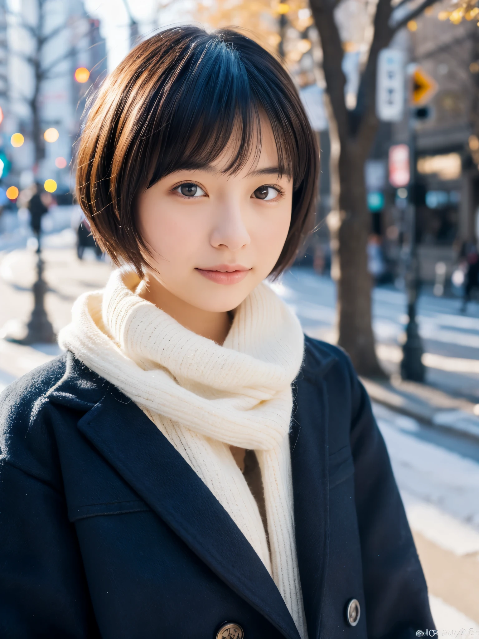 Photorealsitic, 8K, Full body portrait, Beautuful Women, A charming expression, Clear department, Shorthair, 18year old, TOKYOcty, Winters, Shibuya in the background
