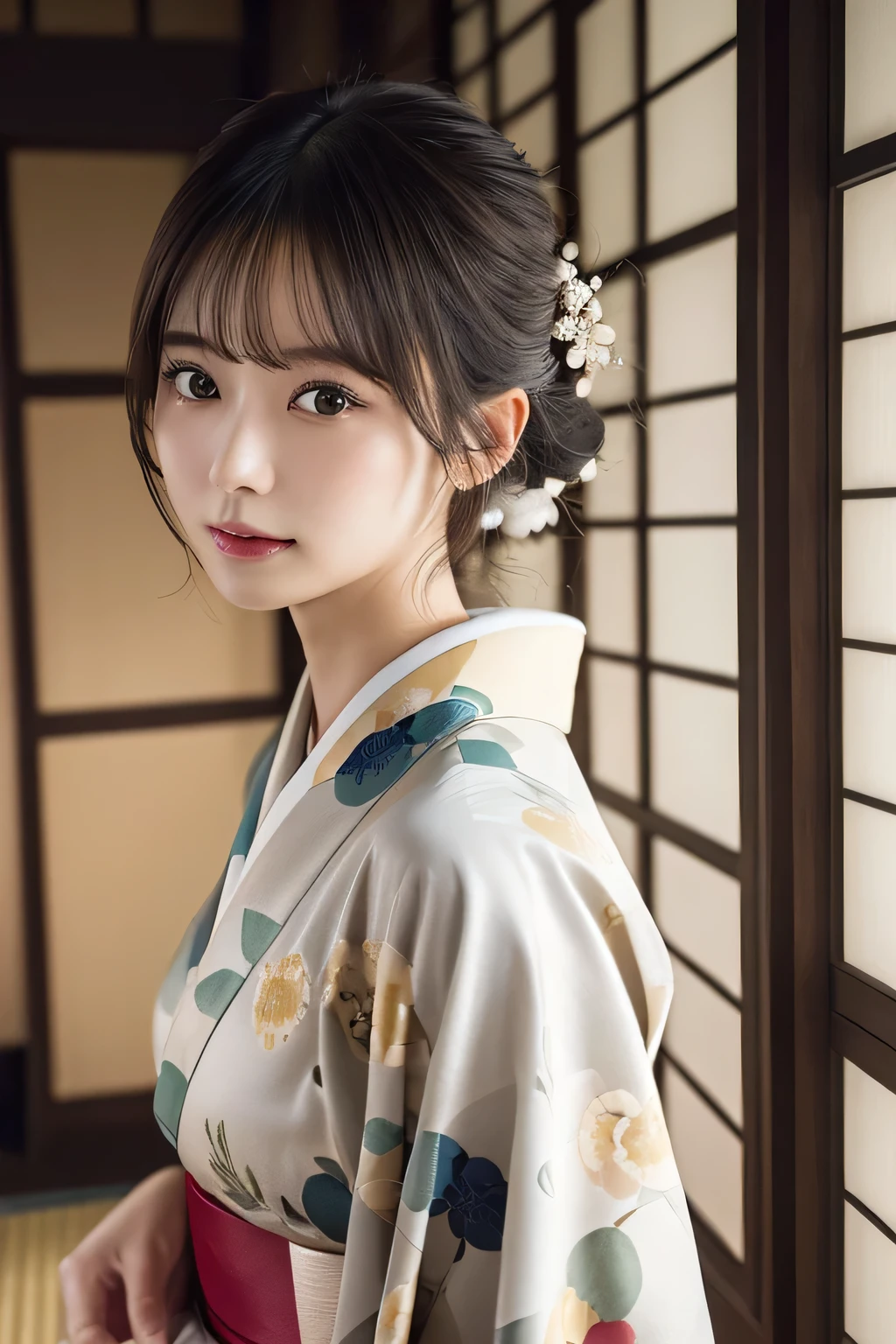 ((Kimono))、inside in room、(top-quality,​masterpiece:1.3,超A high resolution,),(ultra-detailliert,Caustics),(Photorealsitic:1.4,RAW shooting,)Ultra-realistic capture,A highly detailed,high-definition16Kfor human skin、 Skin texture is natural、、The skin looks healthy with an even tone、 Use natural light and color、(Two Women)、japanes,,kawaii,A dark-haired,Middle hair,(depth of fields、chromatic abberation、、Wide range of lighting、Natural Shading、)、