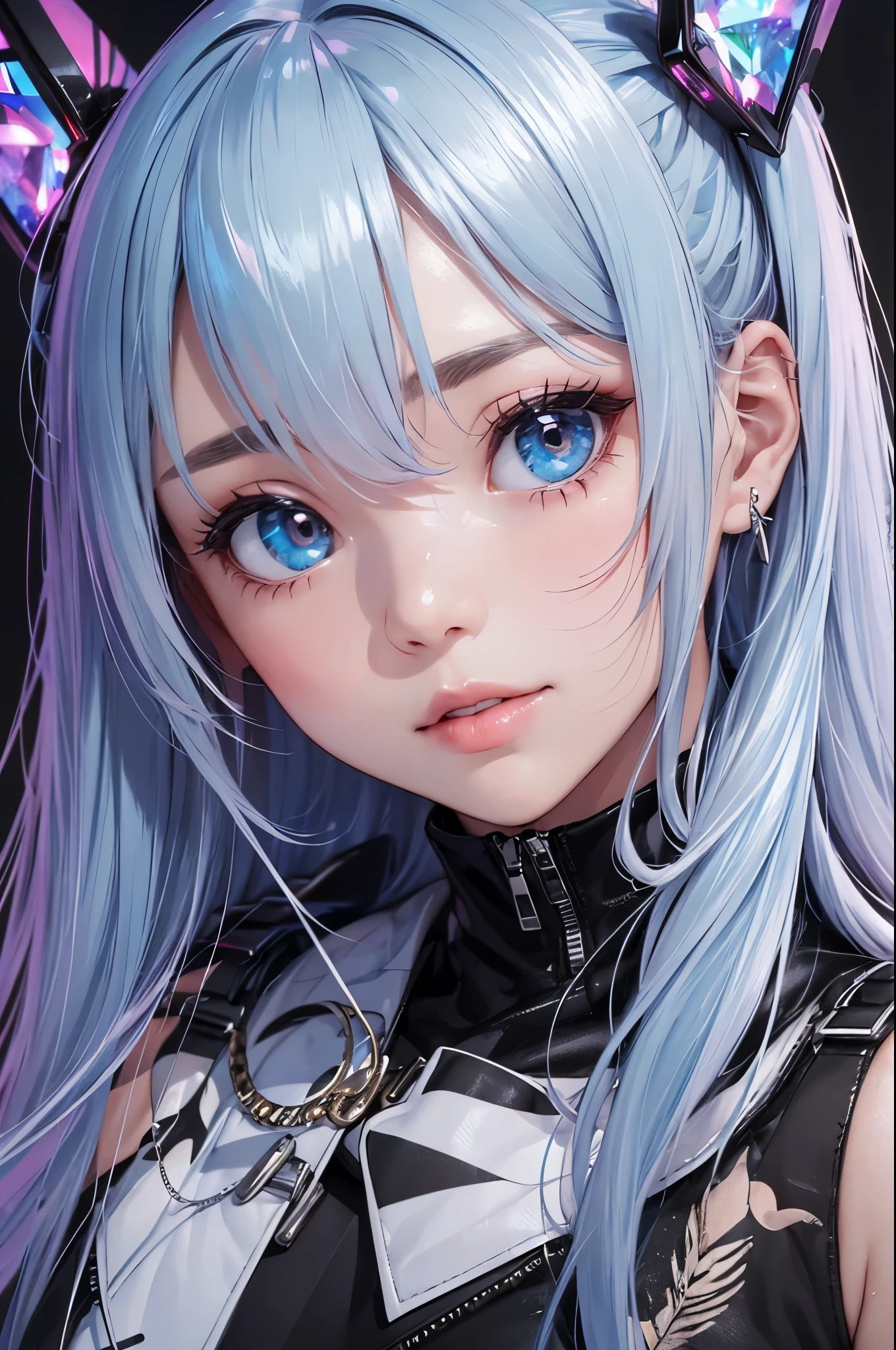 miku hatsune、absurderes、hight resolution、ultra-detailliert、Bust-up shot、(1girl in:1.Portrait Photography、with a pure white background、Beautiful hair with soft transparency、Cute big eyes with little power、Attractive mouth、makeups、Striking red lips、Dramatic Lighting、Although she is a little provocative、He looks at me with a very soft smile.非常に詳細なmiku hatsuneの衣装