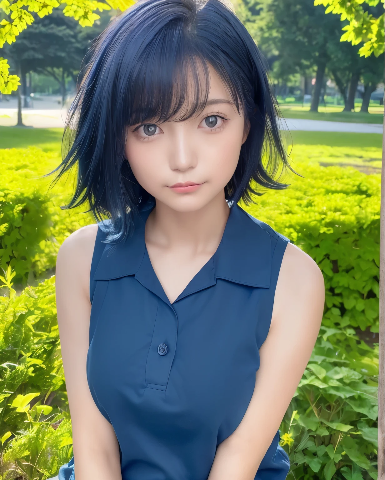 Best Quality, Photorealistic, 8K, hight resolution, fulcolor, 1girl in, Woman, 20 years old Woman, (Closed mouth:1.73), (Skindentation), (Portrait:0.6), Trees, park bench, Daylight, ((Park background:1.52)), fulcolor, ((Sleeveless Blue Shirt:1.58)), Looking at Viewer:1.8, (1girl in eyes Looking at Viewer:1.55), (Medium Hair, brawn hair, parted hair:1.45), (Bokeh),