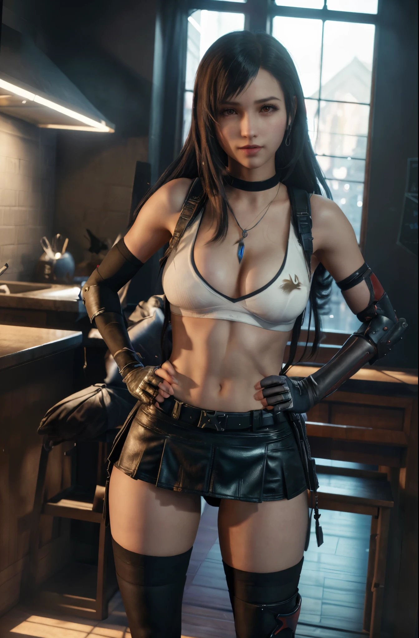 (8k, best quality, masterpiece:1.2), (realistic, photo-realistic), ultra-detailed, 1 girl,cute, solo, (tifa lockhart), (large breasts), neon lights, cityscape, depth of field, sharp focus, single elbow pad, ankle boots, black hair, black thighhighs, red boots, elbow gloves, elbow pads, fingerless gloves, taut shirt, sports bra, (black skirt), thighhighs, white tank top, full body, pretty face, long hair, ((red_eyeokeh, cinematic lighting, (Tetsuya Nomura style), nsfw, perfect breasts (standing, hands on hips:1.3)