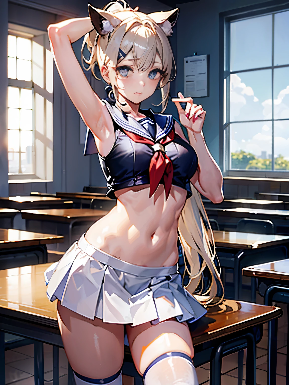 top-quality、realistic touch,high-detail、photoRealstic、thin-waist、captive beauty、big eye、solid platinum-blonde eyelashes、platinum-blonde、full body Esbian、Sparkling eyes, cheeks flushed、thin-waist、In the classroom of  the school、She is in estrus、a sailor suit、cocky expression、Super short skirt with V-line visible、Sleeveless、Navel look、small tits、Ponytail hair style、a sailor suit that is extremely short in length、Black thigh socks、Colossal tits、big butts