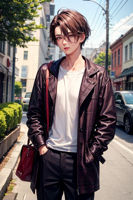 A boy with brown hair with purple highlights, brown eyes, baggy clothes, and handsome