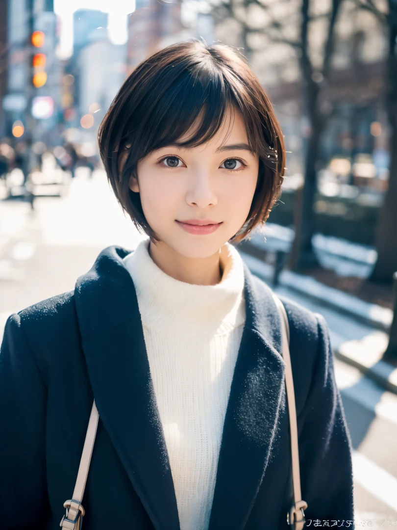 Photorealsitic, 8K, Full body portrait, Beautuful Women, A charming expression, Clear department, Shorthair, 18year old, TOKYOcty, Winters, Shibuya in the background