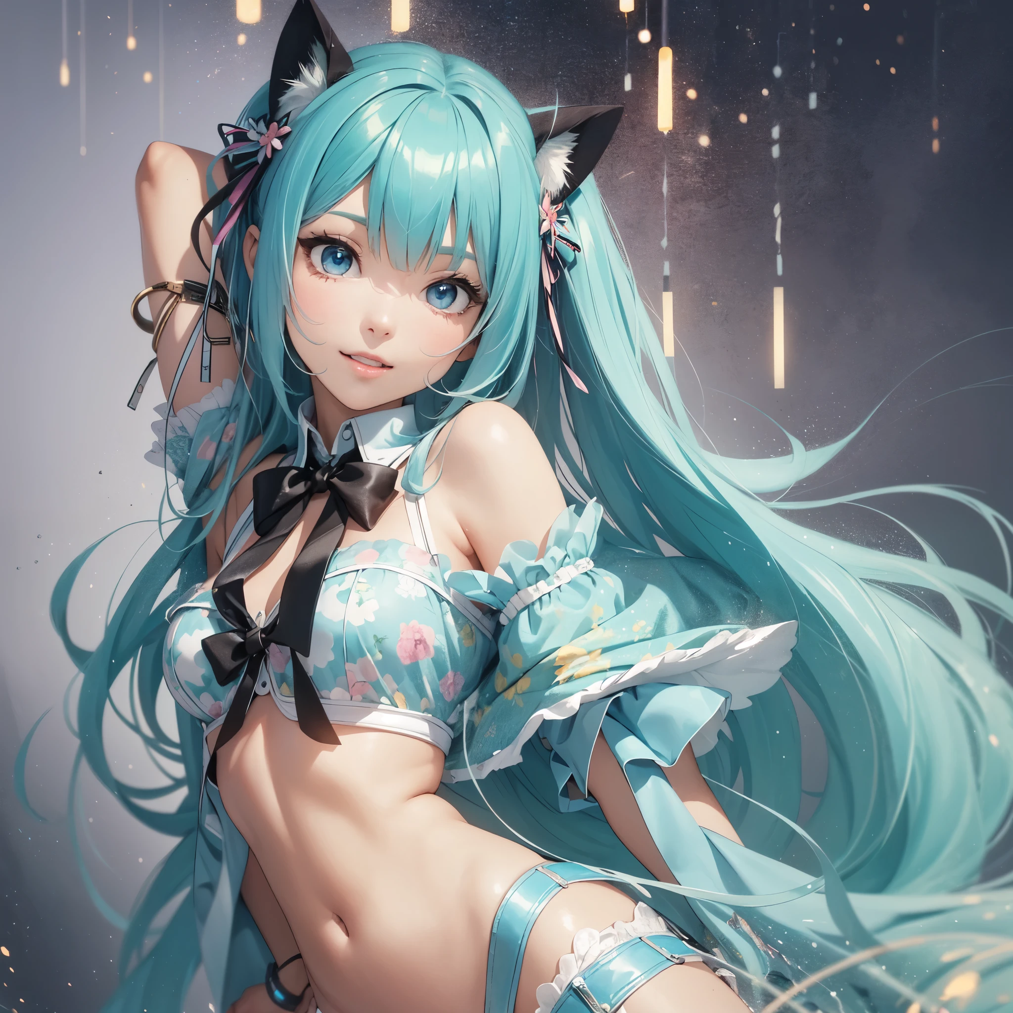 1 person, solo, (full body), photorealistic, super fine illustration, beautiful charming anime girl, super detailed, smile, beautiful blue eyes, beautiful proportions, Hatsune Miku, slender, gentle expression, seductive anime girl, (live stage), erotic idol costume, ahoge,