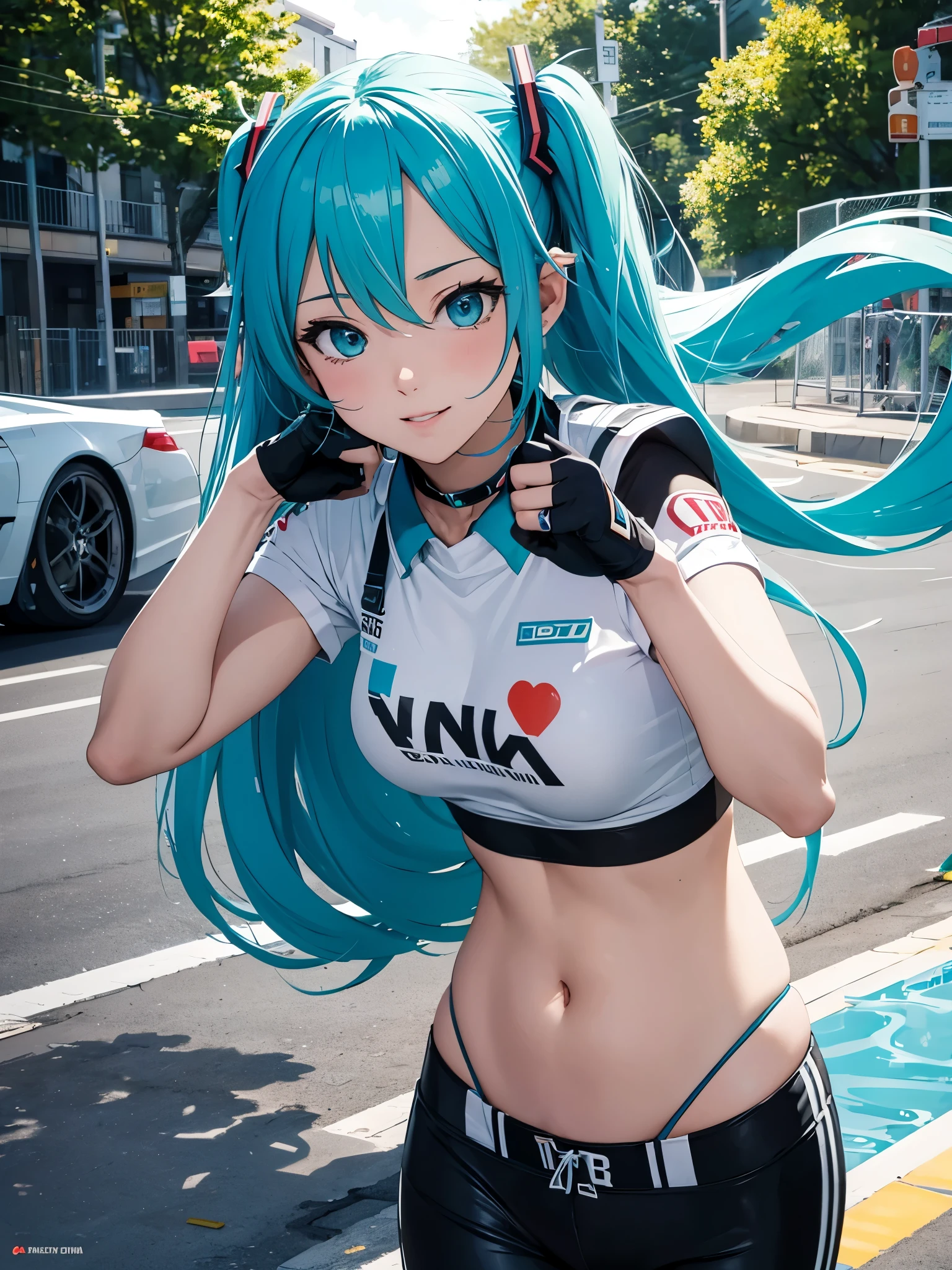 miku hatsune,Racer Pants,Colossal tits,stick out buttocks,