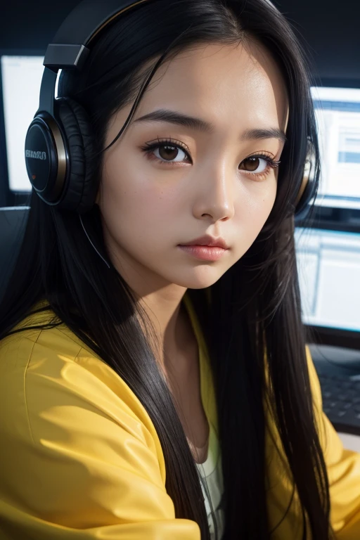 1girl, sitting, close up, YouTuber, looking at the monitor very seriously, candid, long black hair, in computer desk, brown eyes, black shirt, yellow jacket, wearing headphone, studio, high res, ultrasharp, 8K, masterpiece, talk to mic, think, confused