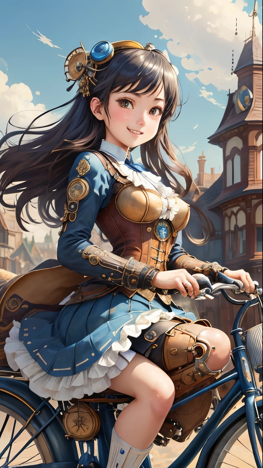 top-quality。Masterpiece。ren。Detailed details。steampunkai。one girls。Happy smile。High school girl in steampunk style。(Less exposed skin)。(Long skirt)。((Ride on a classic bicycle))。The background is the Victorian town.。blue open sky、white clouds。(Dynamic angles)。