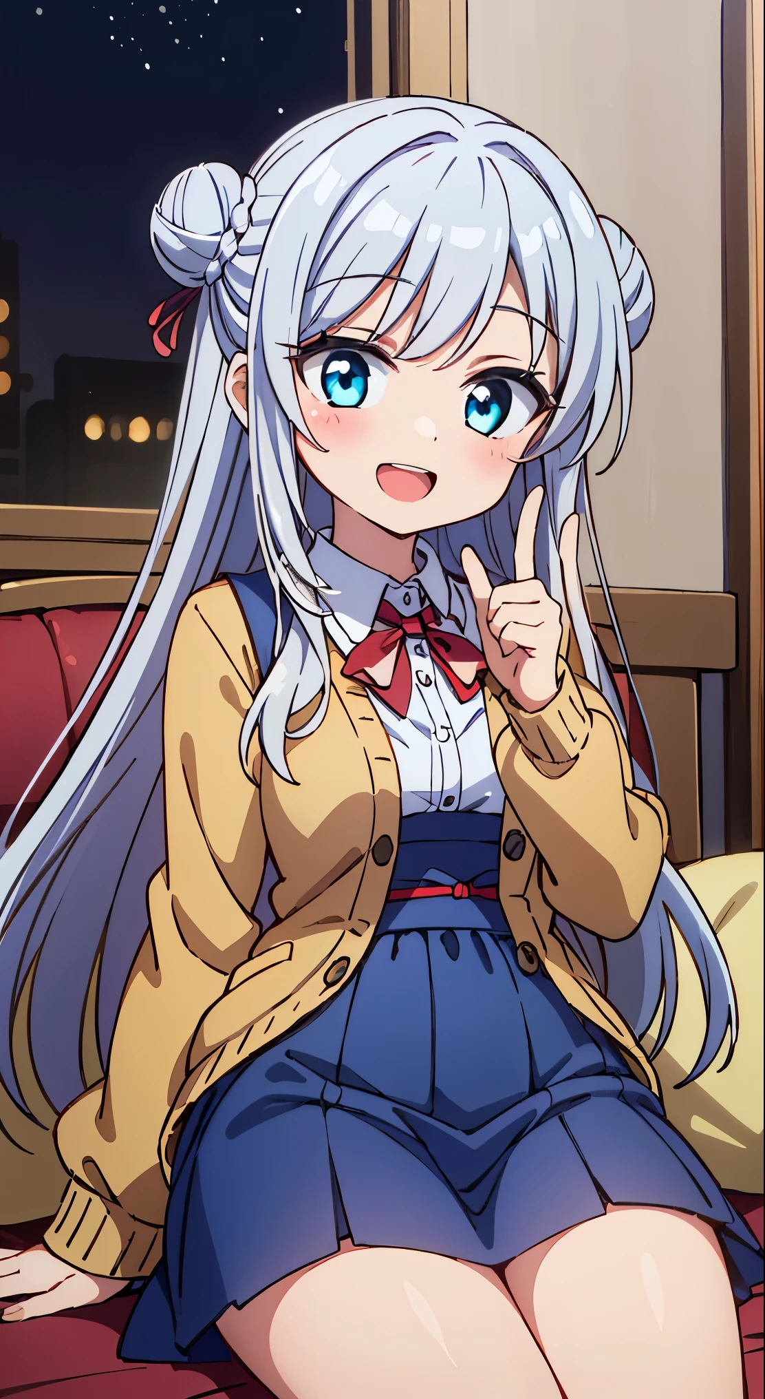 (masterpiece, Transparent air, Transparent eyes,Best Quality, Perfect Anatomy, High quality:1.4), absurderes, absolutely resolution, unbelievable Ridiculous, hight resolution, ultra-detailliert, Official art, Unity 8k, Kinetic typography,nice hand, Perfect hands, Detailed beautiful hands, Large_filesize, fulcolor, hight resolution, symmetric, exceptional, Best aesthetic, newest, Anime, very beautiful detailed body,The hair,faces,The eye,
BREAK,


 1 beautiful girl, 1girl in, (Cute:1.5),(Cool:0.8), (Beauty:1.5),(Chibi:0.5), (17 years old girl), (girl, Older sister, Unclear, Beautiful face of Japan:1.2) BREAK, ((huge breasts)),(A detailed eye,Tsuriformes:1.2),(Silver hair,Long hair in a bun,Deco:1.8), Star eyes silhouette thick eyelashes, Double eyelids:1.2), cleavage,Swaying udder, Clear skin, Beautiful skin, Shy, Erect ,Clear skin, Beautiful skin, Shy, gleaming skin,(best quality face),(Top quality glowing eyes),(The best smile,:D:1.45)  nose blush, sleepy, grin, open mouth,

BREAK school uniform, (white collared shirt:1), long sleeves, red neck ribbon, (open cardigan:1), beige cardigan,
BREAK (blue checked skirt:1.1), white socks

BREAK,(night), living room, party, night,sitting sofa,holding glass in wine,

BREAK,wakame,wakame,wakame,(Cowboy Shot:1.4),

BREAK,(Blurry background:1.3),(absurderes, hight resolution, Super Detail Art),cel shading,Clear Color, Lonely optical effect, Beautiful pictures, Bright glow, mystic atmosphere,(Close-up of girl:1.1), Mystical light particle effect,manga influence, clean line draw