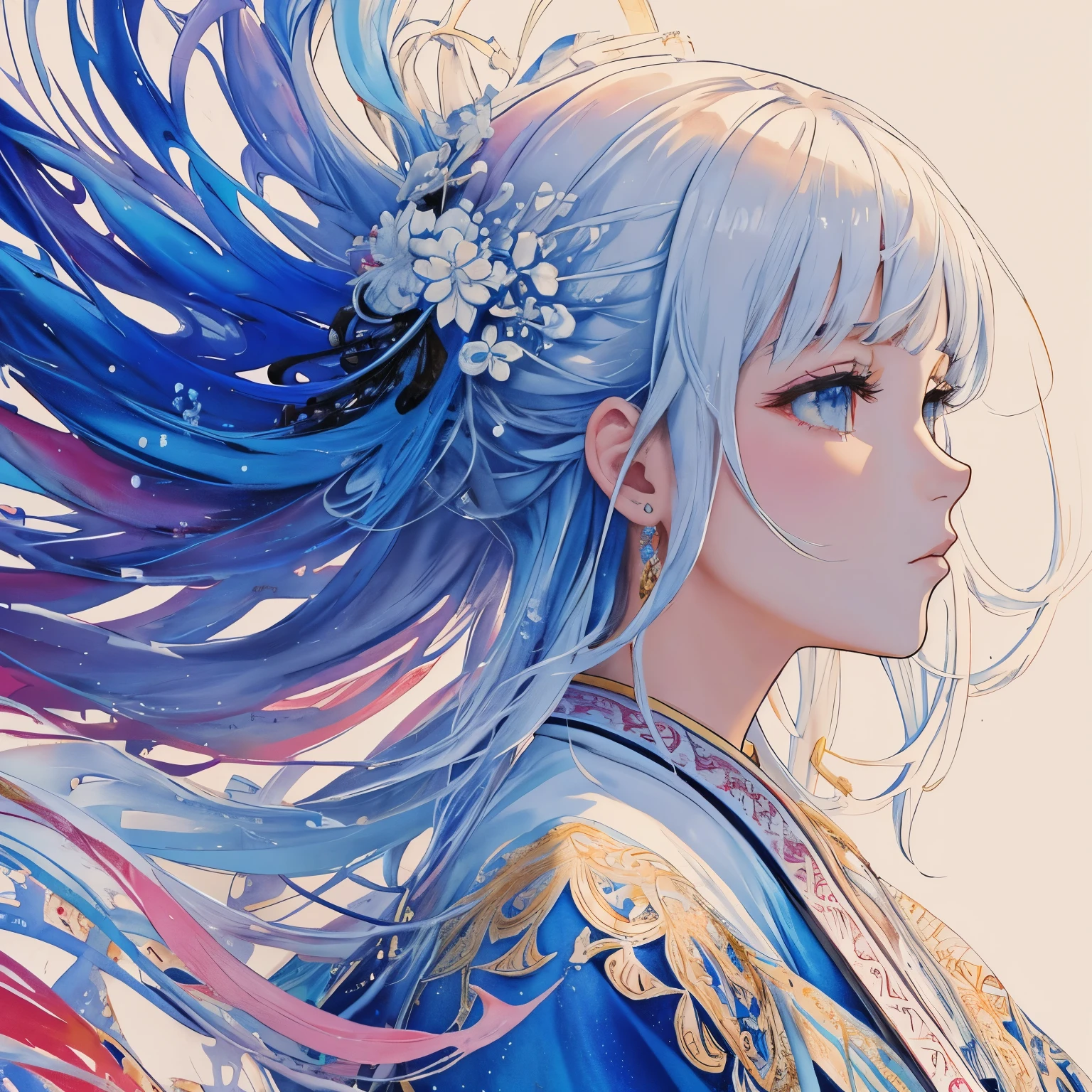 (masterpiece、top-quality、top-quality、Beautifully Aesthetic:1.2)、(1girl in:1.3)、(Fractal Art:1.3)、splashart, ((((white backgrounid)))), piercingeyes, epic instagram, art stations, Color Paint Splash Style+, contour lines, hyperdetailed intricately detailed, Unreal Engine, magnifica, intricate detailes, Splash Screen, Complementary color scheme, Realistic concept art, 8K分辨率, 逸脱のmasterpiece, an oil painting, heavy brushstrokes, Ink Drop, Splash gear、watercolor paiting、profile