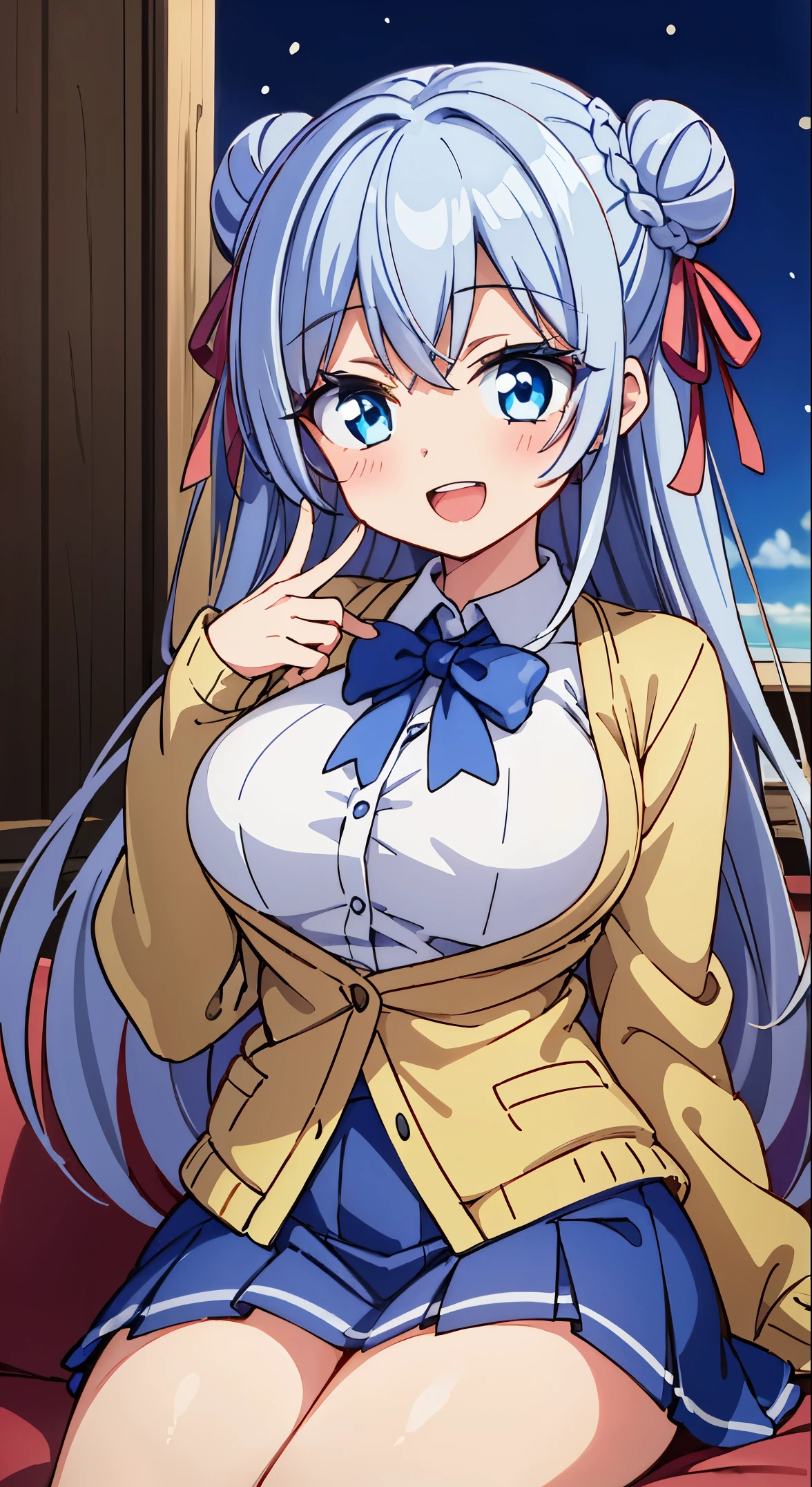 (Perfect body),Best Quality,(8K Portrait),(Official art)、(NSFW)、(((((SEX)))))、(fatness)、is crying、embarrassed from、1girl in,((((:o))))、((Wavy mouth))、Surprised、(blush),(Sweat),(((huge-breasted)))、(thick thighs)、(big butts)、((Gray hair))、(((Twin-tailed)))、Wavy Hair、(((santa hat)))、(Red ribbons)、(Light blue striped panties)、 White knee socks、(blue eyess)、Cowboy Shot、Bedroom、Hands behind the head、Armpits、kneeking、