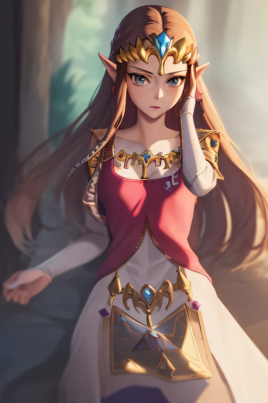 masterpiece, best_quality, 1girl, solo, princess zelda, twpr, nintendo, the legend of zelda, facing awayfrom viewer, head turned to look at viewer