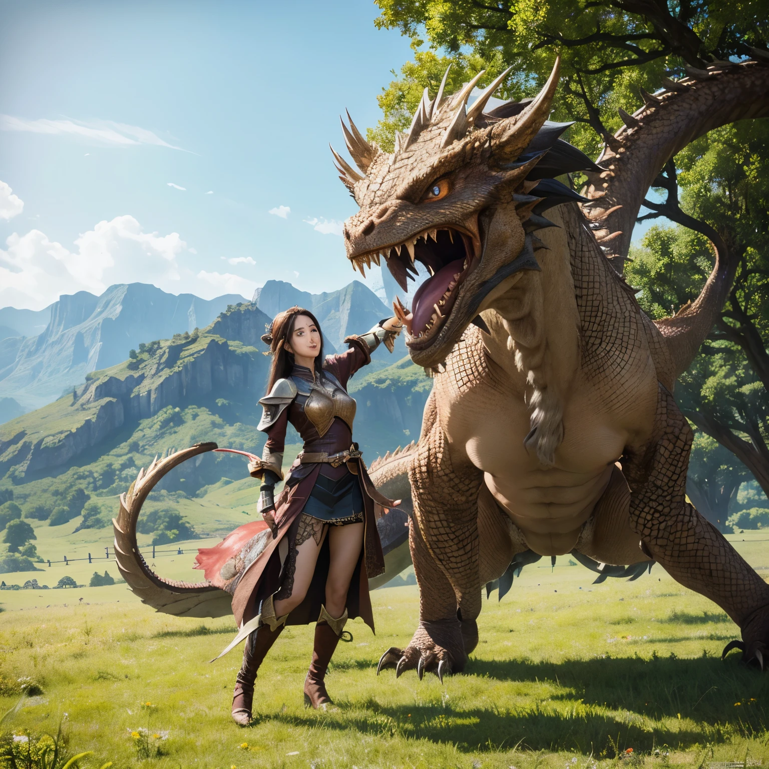 超A high resolution、An ultra-high picture quality、8K、Detailed details、marvelous expression、Beautiful slender woman、fight the dragon monster、Monster Hunter Character Costumes、Vast grassland background、