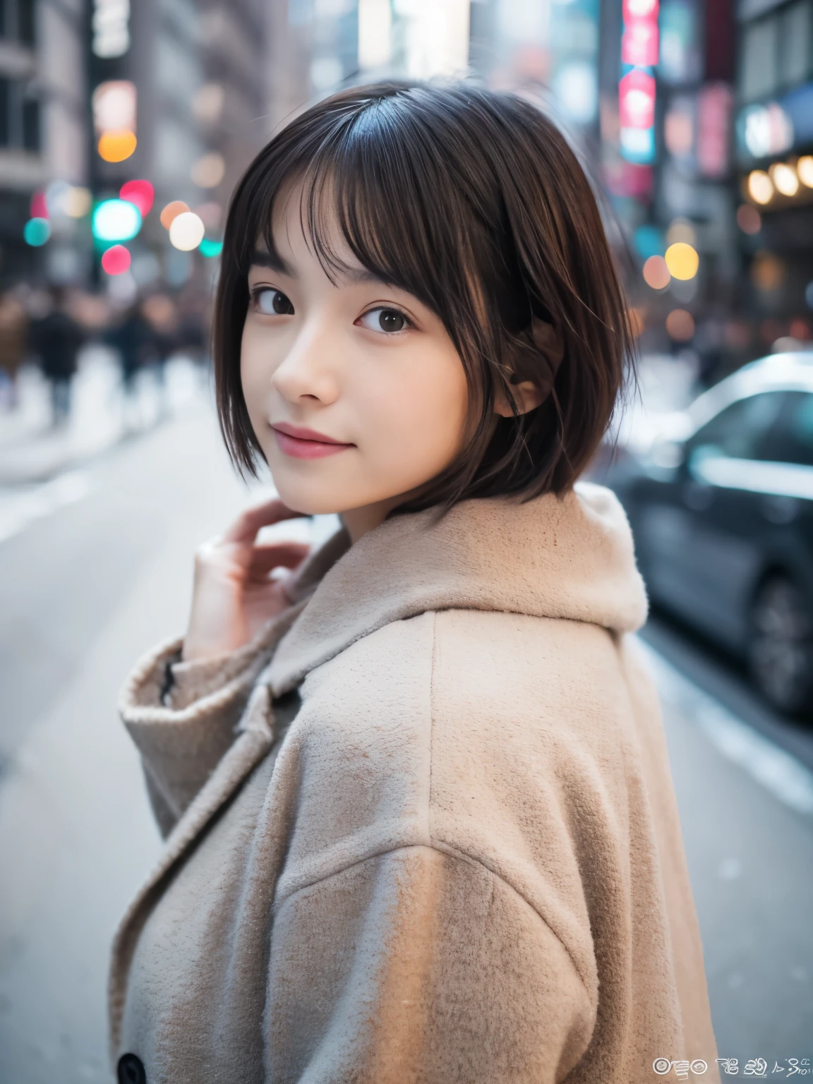 Photorealsitic, 8K, Full body portrait, Beautuful Women, A charming expression, Clear department, Shorthair, 18year old, TOKYOcty, Winters, Shibuya in the background
