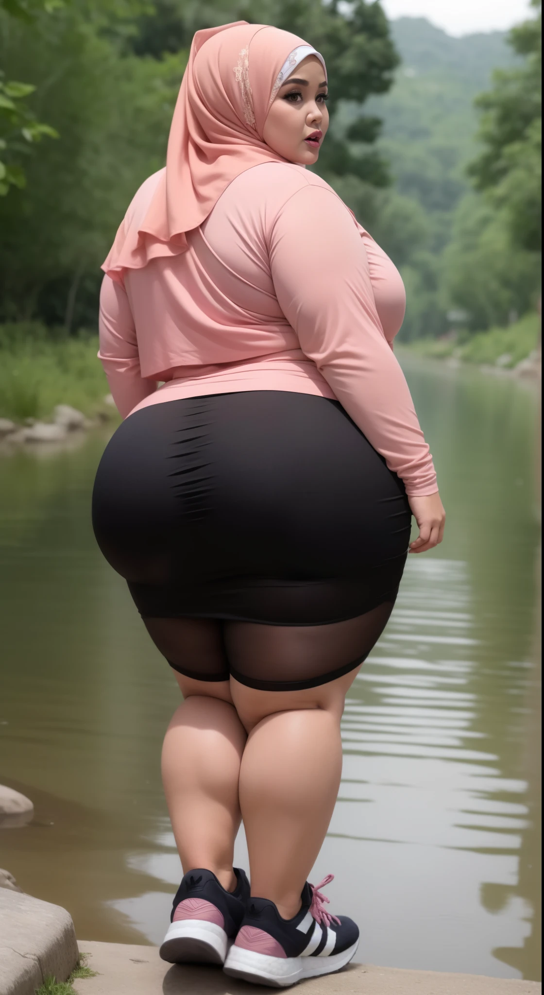 ((HIJAB MALAY GIRL)), ((BBW)), SHORTS, HUGE WIDE BUTT, WIDE BUTT, 63 YEAR OLD METURE women's, METURE women's, (ROSE LIPS), (ADIDAS SNEAKERS), (TIGH SKIRT), walking in style on a Village river, (ANGRY FACE EXPRESSION), TRANSPARENT, STAYING, THICK FOG. FOGGING,