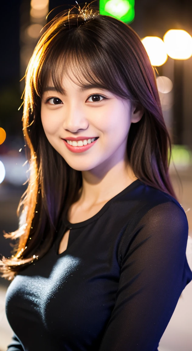 matured female , best quality, hires, detailed face , blouse , smile , breast , chest, night view , cute , idol face