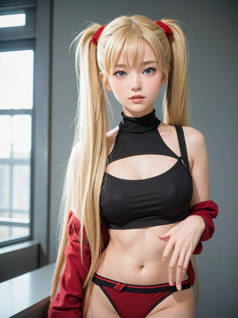 A closeup of a woman blonde_hair, blue eyes, twintails, very_long_hair, hair_ornament red, hair_scrunchie red, big_breasts, in a basic brown top posing for a photo, perfect body, beautiful young woman, beautiful model young, very beautiful young woman, a beautiful young woman, beautiful young girl, attractive girl, 18