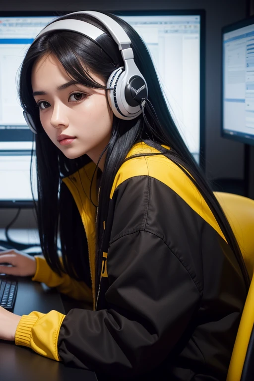 1girl, sitting, close up, YouTuber, look at computer, candid, long black hair, in computer desk, brown eyes, black shirt, yellow jacket, wearing headphone, studio, high res, ultrasharp, 8K, masterpiece, talk to mic