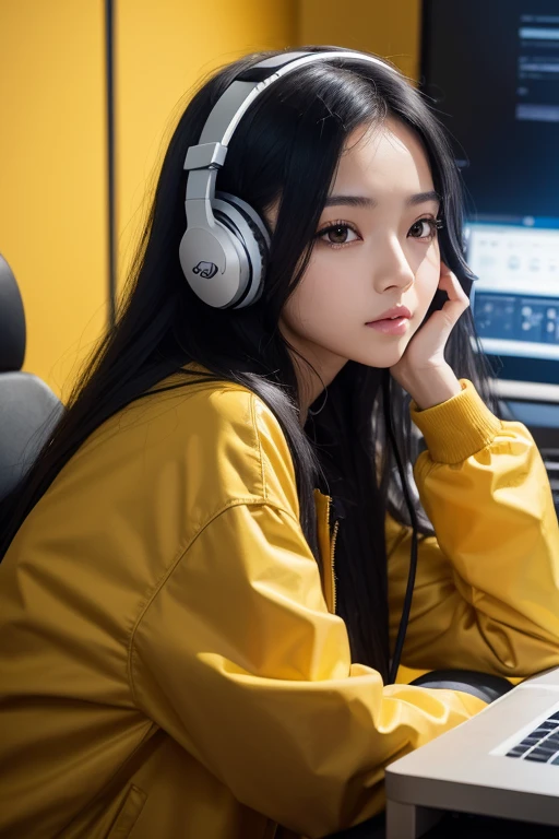 1girl, sitting, close up, YouTuber, look at computer, candid, long black hair, in computer desk, brown eyes, black shirt, yellow jacket, wearing headphone, studio, high res, ultrasharp, 8K, masterpiece, talk to mic