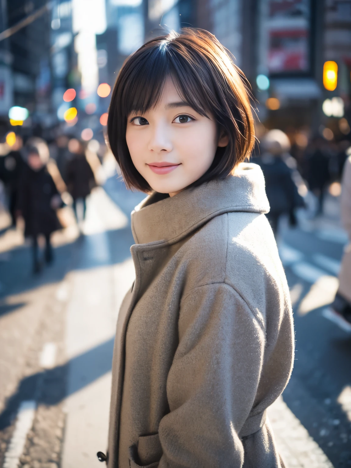 Photorealsitic, 8K, Full body portrait, Beautuful Women, A charming expression, Clear department, Shorthair, 18year old, TOKYOcty, Winters, Shibuya in the background