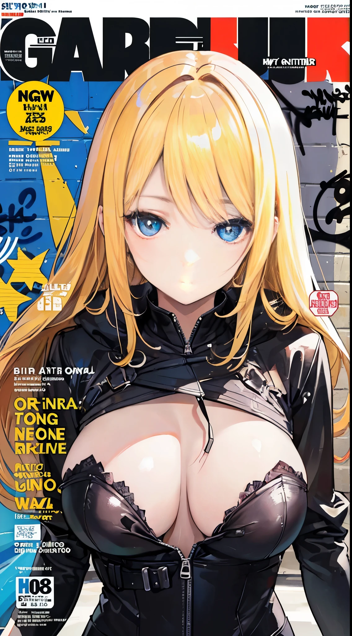 (master piece,Best Quality,Ultra-detailed), (A detailed face), (front-facing view), Young Girl, Blonde long hair, (graffiti wall:1.2), blue eyes, (magazine:1.3), (cover-style:1.3), NSFW