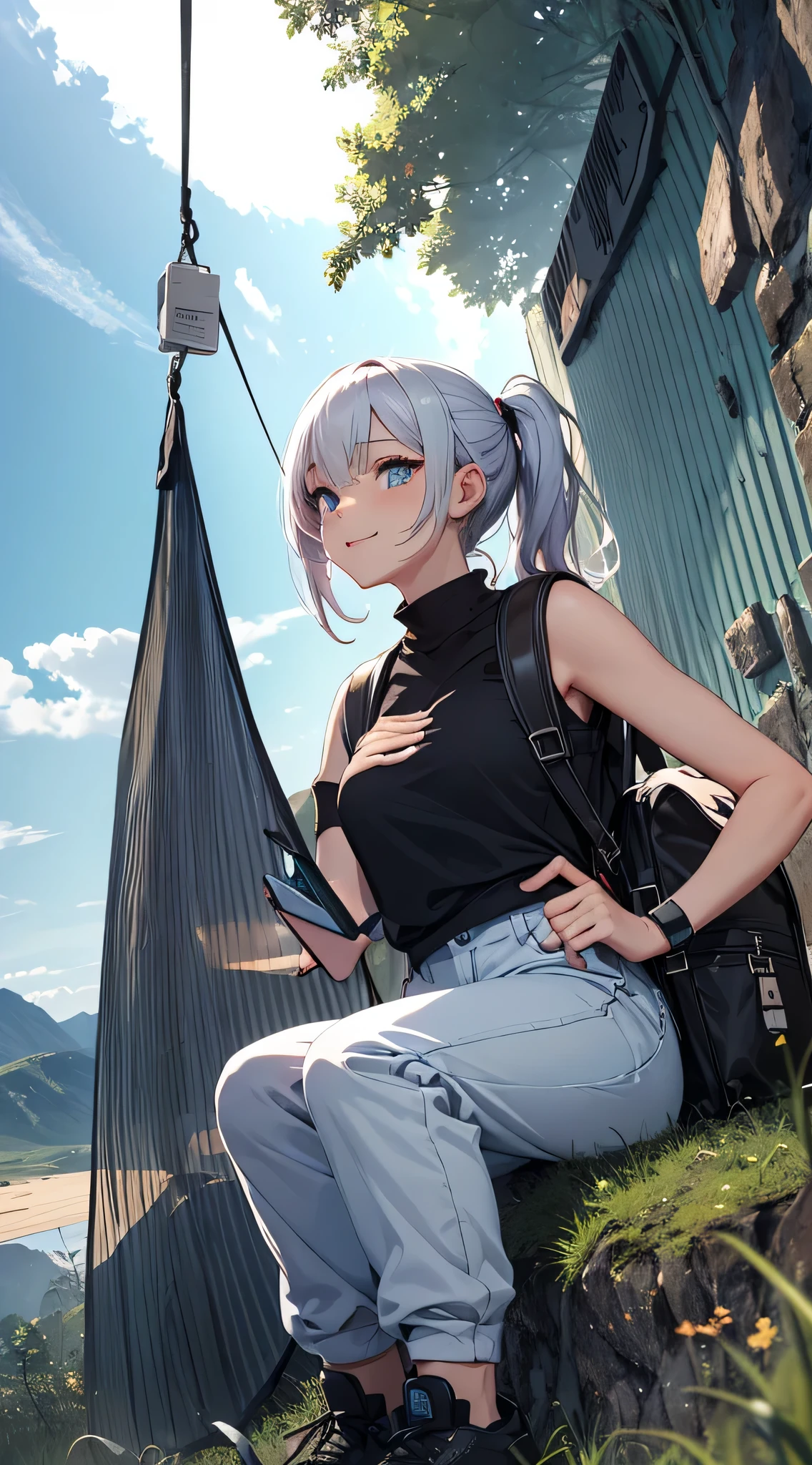 top-quality、Top image quality、masterpiece、teens girl((18year old、 Ager、Best Bust、Medium bust,wide open breast tea、light blue eyerest, bionde、poneyTail、A slender,large volleyball rack jacket、black glove、white tank top military pants、rush light、行走、Happy face、camping rucksack、blue military pants、Sit up)),hiquality、Beautiful Art、Background with((Mountain road in the evening,CAMPING TENT))Inaste Piece、depth of fields、movie、visualart、Perfect Art