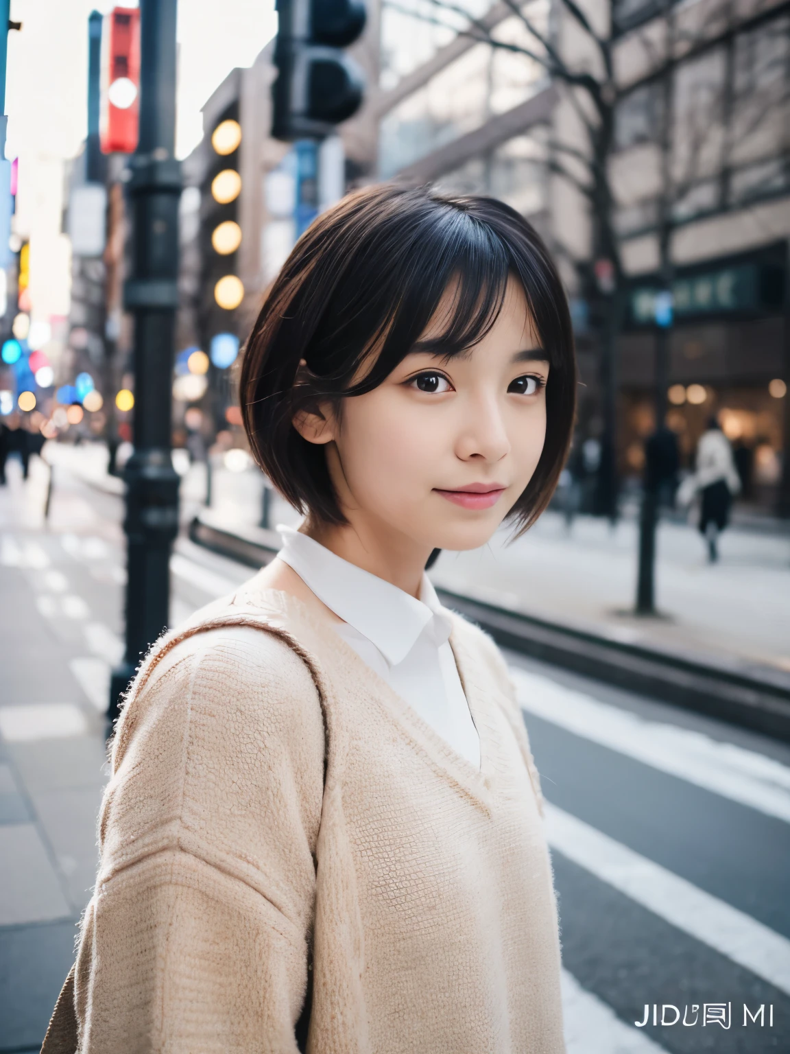 Photorealsitic, 8K, Full body portrait, Beautuful Women, A charming expression, Clear department, Shorthair, 18year old, TOKYOcty, Winters, Shibuya in the background