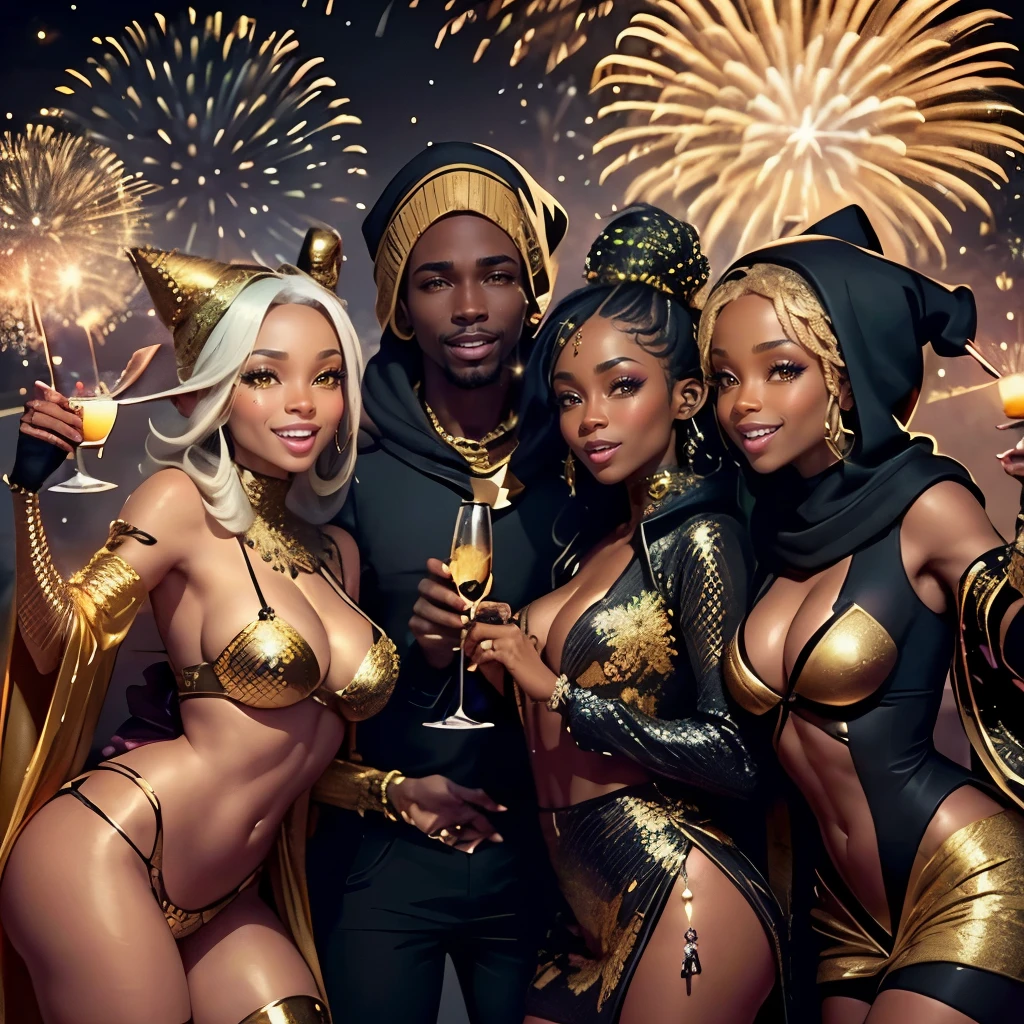 Group of Ebony african elves, toasting champagne, sexy black and gold, hoodie outfit, winking, gold jewelry, ((fireworks that read Happy New Year!)), ( new years party), holding glass in air