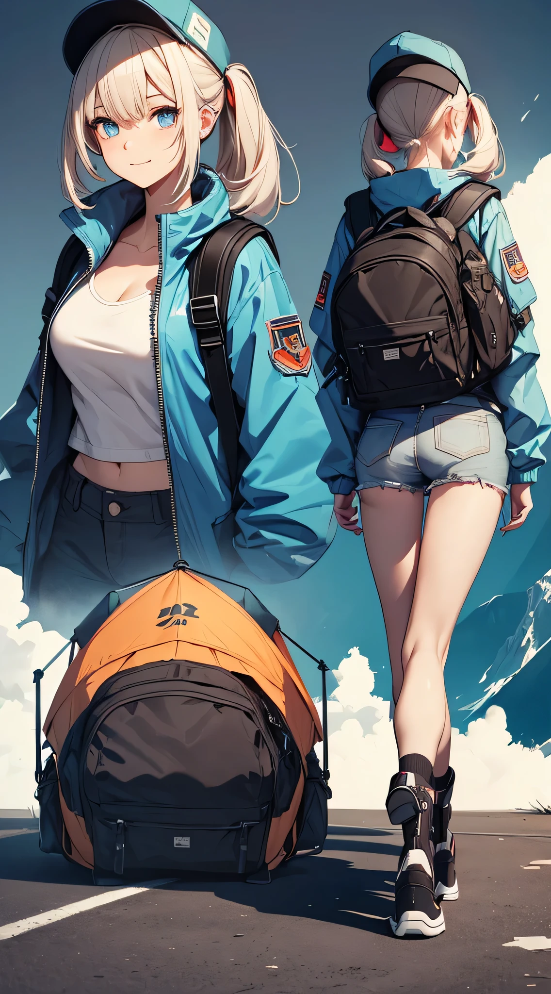 top-quality、Top image quality、masterpiece、teens girl((18year old、 Ager、Best Bust、Medium bust,wide open breast tea、light blue eyerest, bionde、poneyTail、A slender,large volleyball rack jacket、black glove、white tank top military pants、rush light、Happy face、camping rucksack、blue military pants、Sit up)),hiquality、Beautiful Art、Background with((Mountain road in the evening,CAMPING TENT))Inaste Piece、depth of fields、movie、visualart、Perfect Art