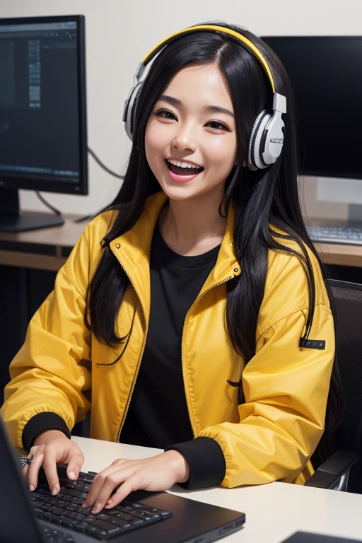 1girl, sitting, close up, YouTuber, look at computer, candid, long black hair, in computer desk, brown eyes, black shirt, yellow jacket, wearing headphone, studio, high res, ultrasharp, 8K, masterpiece, laughing out loud at the computer