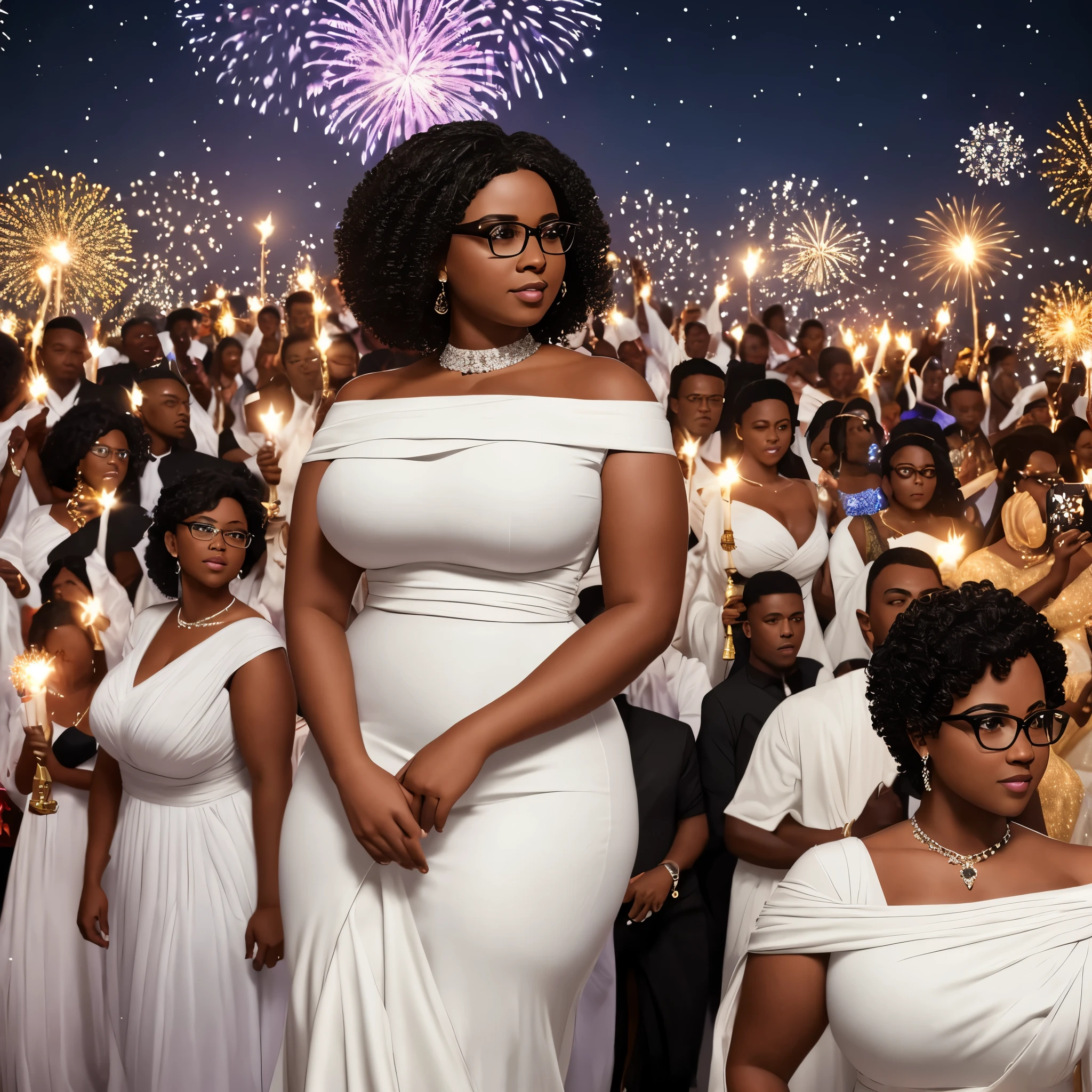 8k, ultra high definition, unreal engine, ultra detailed, ultra high resolution, ultra focus, beautiful voluptuous girl, black girl, round face, curvy body, short curly hair, dark skin, glasses, wearing a white long white african dress, in front of church, 31st night, people in the background all wearing white, night sky, fireworks, detailed background, joyous occasion, new year celebration,