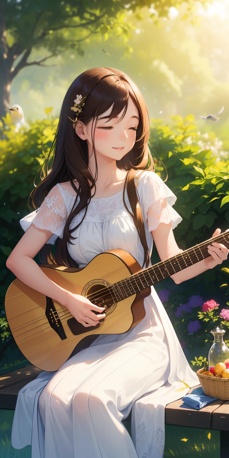 (tmasterpiece, Best quality at best, Photorealistic, A high resolution:1.3), Young girls, (elegant guitarist:1.2), (long chestnut brown hair:1.1), (soft hazel eyes:1.2) exuding warmth, Tranquil outdoor environment, (Sunny garden:1.2), flowers in full bloom, vibrant butterflies, light wind, (White summer dress:1.1), Walking barefoot on the green grass, (acoustic electric guitar:1.2), Fingers gently pluck the strings, (Melodious :1.1), Enchanting melodies fill the air, soft sun light, a warm color palette, peacefulatmosphere, (A satisfied smile:1.2), Close your eyes in harmony, (singing birds:1.2) perch nearby, intimacy with nature, (bench:1.1), old age, (Picnic basket:1.1) Served with fruit and wine, golden hour glow, (Emotional resonance:1.2), bird's eyes view, immerse in the moment, (Scenes:1.3), soft sun light投射出长长的影子, Dense trees in the background, Calm happiness.