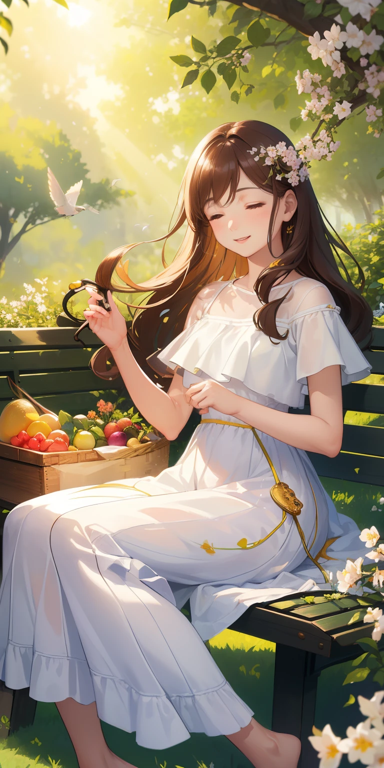 (tmasterpiece, Best quality at best, Photorealistic, A high resolution:1.3), Young girls, (elegant guitarist:1.2), (long chestnut brown hair:1.1), (soft hazel eyes:1.2) exuding warmth, Tranquil outdoor environment, (Sunny garden:1.2), flowers in full bloom, vibrant butterflies, light wind, (White summer dress:1.1), Walking barefoot on the green grass, (acoustic electric guitar:1.2), Fingers gently pluck the strings, (Melodious :1.1), Enchanting melodies fill the air, soft sun light, a warm color palette, peacefulatmosphere, (A satisfied smile:1.2), Close your eyes in harmony, (singing birds:1.2) perch nearby, intimacy with nature, (bench:1.1), old age, (Picnic basket:1.1) Served with fruit and wine, golden hour glow, (Emotional resonance:1.2), bird's eyes view, immerse in the moment, (Scenes:1.3), soft sun light投射出长长的影子, Dense trees in the background, Calm happiness.