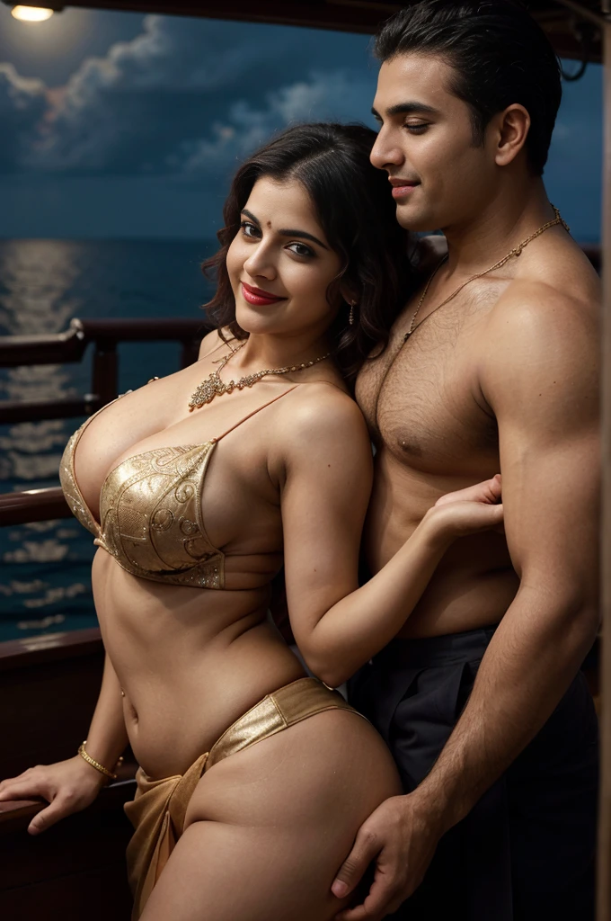 night scene from side view, extreme close up photo of young muscular man grabbing vedhika from behind, big cheeks, woman is wearing saree man is shirtless, hourglass figure, deep cleavage, romancing each other in a ship deck in sea, showing armpits, red lips, necklace, sultry, look at viewer and smile, (cinematic:1.3), intricate details, (ArtStation:1.2)