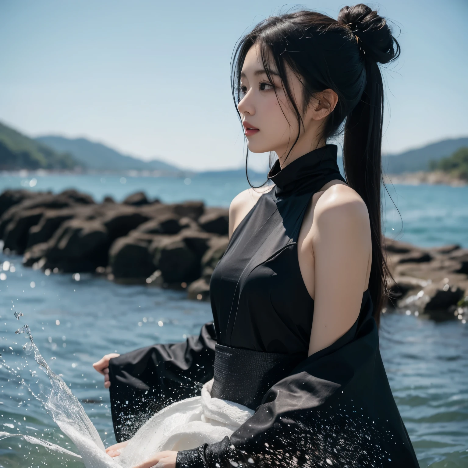 A woman who is,style of anime,Wearing black silk,There is water spraying out