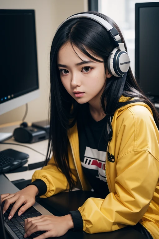 1girl, sitting, close up, YouTuber, look at computer, candid, long black hair, in computer desk, brown eyes, black shirt, yellow jacket, wearing headphone, studio, high res, ultrasharp, 8K, masterpiece, realy scared, afraid