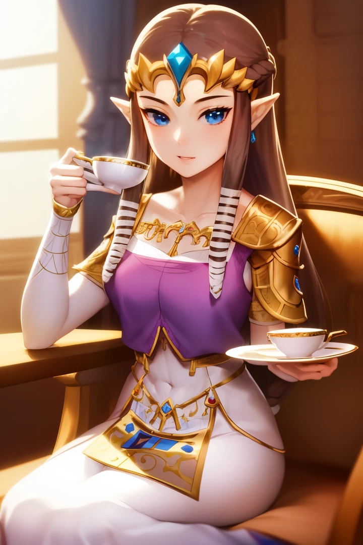 masterpiece, best_quality, 1girl, solo, princess zelda, twpr, nintendo, the legend of zelda, tea set, drinking tea from a fancy porcelain cup