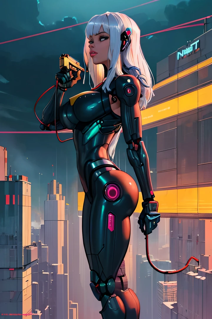 High Detail RAW color Photo,hyperrealistic,digital painting,wide shot,Full Shot,(lens flare:0.5), (bloom:0.5), portrait,(highly detailed, fine details, intricate), incredibly absurdres,(luxurious cyberpunk:1.4,Dystopian,sci-fi), concept art,ornate, from side,looking to the side,
1girl,Lucy \(cyberpunk\),European_Girls,(cute female arterial intelligence,robot, cyborg:1.5),(robotic parts,augmentations,mechanical arms, mechanical legs,silver halmet), (cybernetic implants:1.4,microchip,metal,electric wires,cable,silicone),grey eyes,asymmetrical hair, standing,(holding_weapon,battle_rifle,handgun),belt,(wearing shiny tight soft light suit,see-through white chemise), open jacket,detached sleeves,hip vent,metallic bone exposed,toned physique,slender,medium breasts exposure,breasts out,large ass, (pale skin),(detailed skin, diffused skin pores),HQ, angelic, decorations, embellishments,hard edge,
breathtaking,outdoors, ((in surreal planet Raphael Lacoste)),nighectricity, bright neon colors,sprawling cyberpunk city skyline), turbulent storm, rain,smog,tendrils, spirals, dust,(((flying shipadlands, observitory)