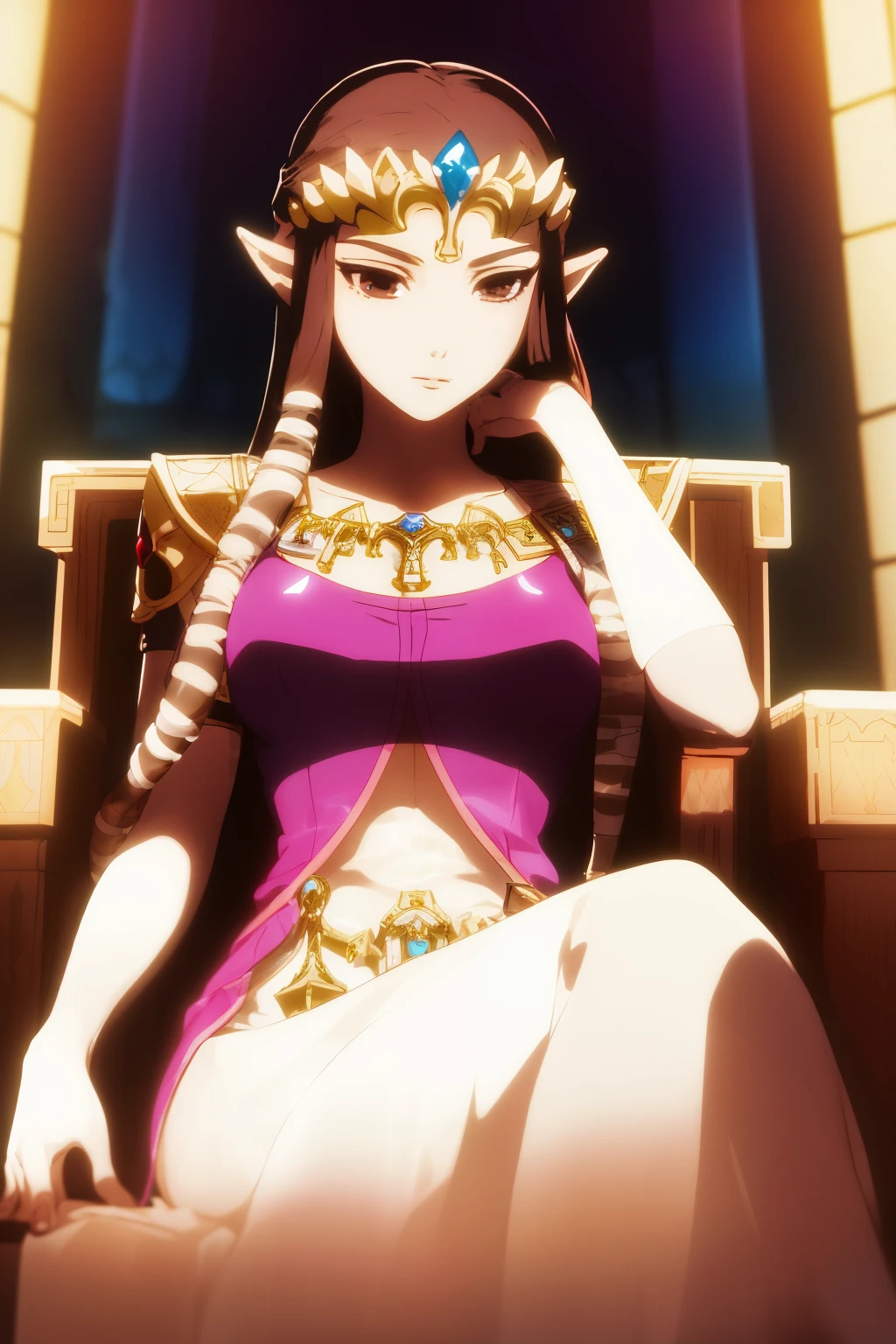 8K high quality, high accuracy, princess zelda, beautiful figure, beautiful face, small face, twilight princess, beautiful, purple full body tights, dress, bright, highlights in eyes, blue eyes, small ears, brown hair, sexy, super big breasts, extra large breasts, protruding nipples, erotic, illustration, beautiful line drawing. Beautiful line drawing.