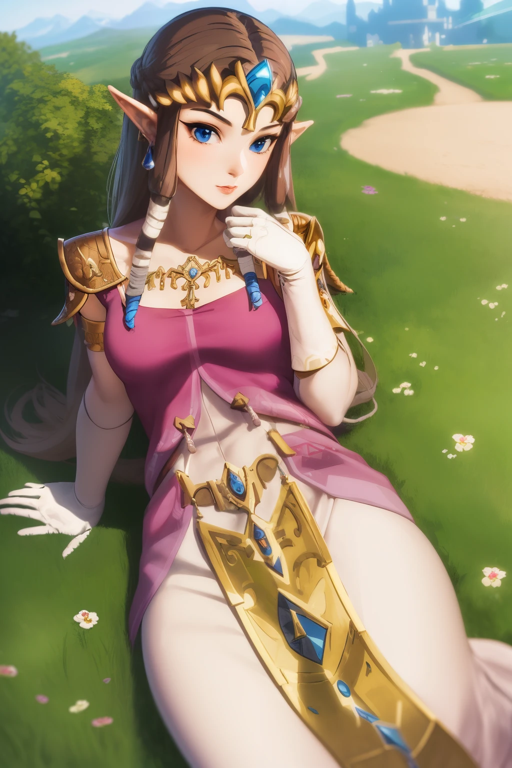 masterpiece, best_quality, 1girl, solo, princess zelda, twpr, nintendo, the legend of zelda, outdoors, castle