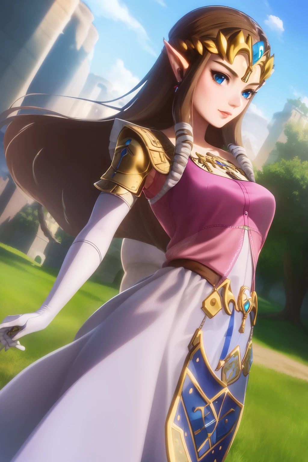 masterpiece, best_quality, 1girl, solo, princess zelda, twpr, nintendo, the legend of zelda, outdoors, castle