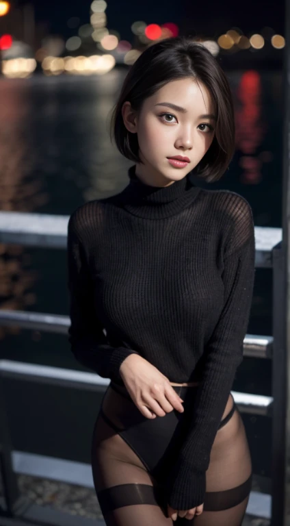 beautiful japanese woman, 1 girl,(that'realistic:1.4), debris flies, highest quality, 8k, At 32K,((turtleneck))、23 years old、((panties))、New York night view、blur the background、stand up straight、18-year-old、perfect face、perfect body line、Japanese idol、short cut hairstyle、smile、upper body photo、白色のpanties姿、Wearing small panties